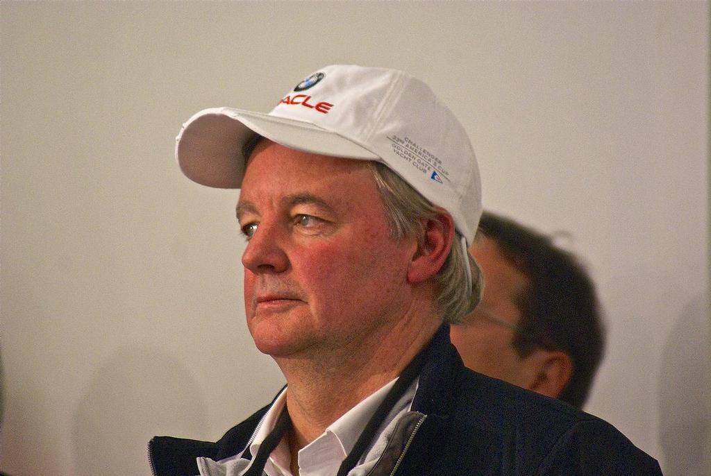 Mission accomplished - Tom Ehman in a reflective mood as he watches the Cup handover media conference - the end of a two and half year Court battle for him © Richard Gladwell www.photosport.co.nz